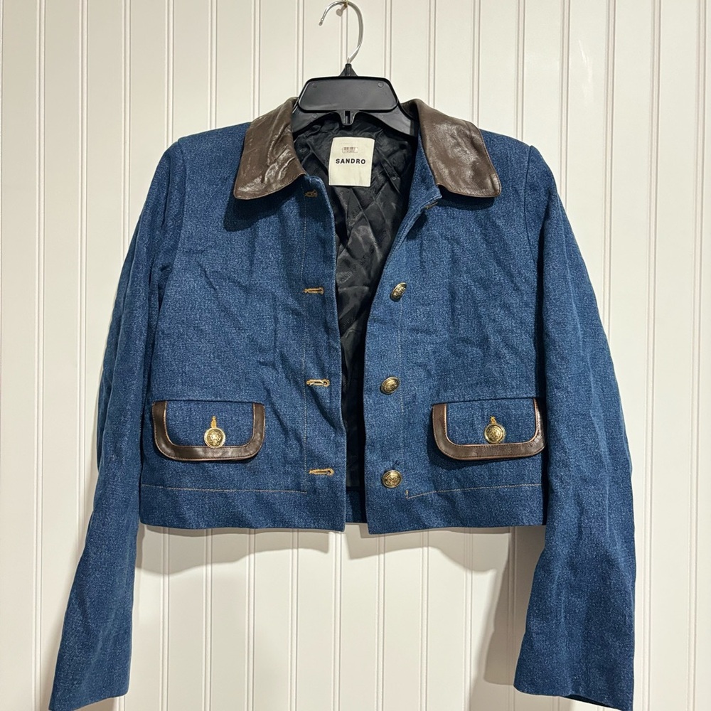 Sandro Blue Cropped Jacket with Brown Collar - Picture 6 of 11